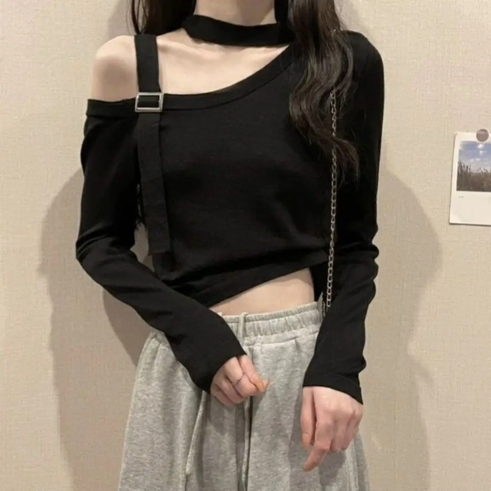 

Stylish Belt Long Sleeve Halter T-shirt Irregular Off Shoulder Slim Fit Pullover Neck Hanging Chic Y2k Crop Tops Spring