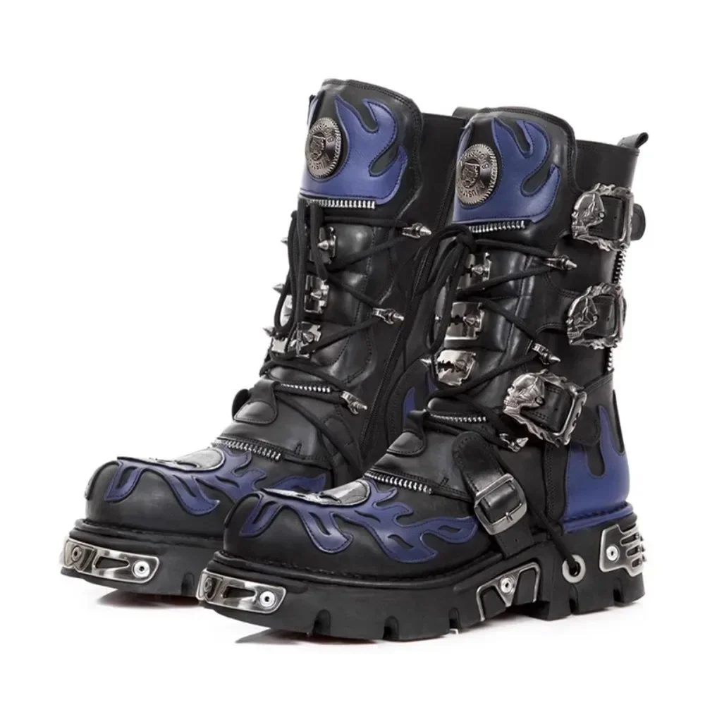 

Fashion Genuine Leather Men's Motorcycle Boots Platform Mid-Calf Skull Punk Western Cowboy Boots Rock Metal Round Toe Zip Women