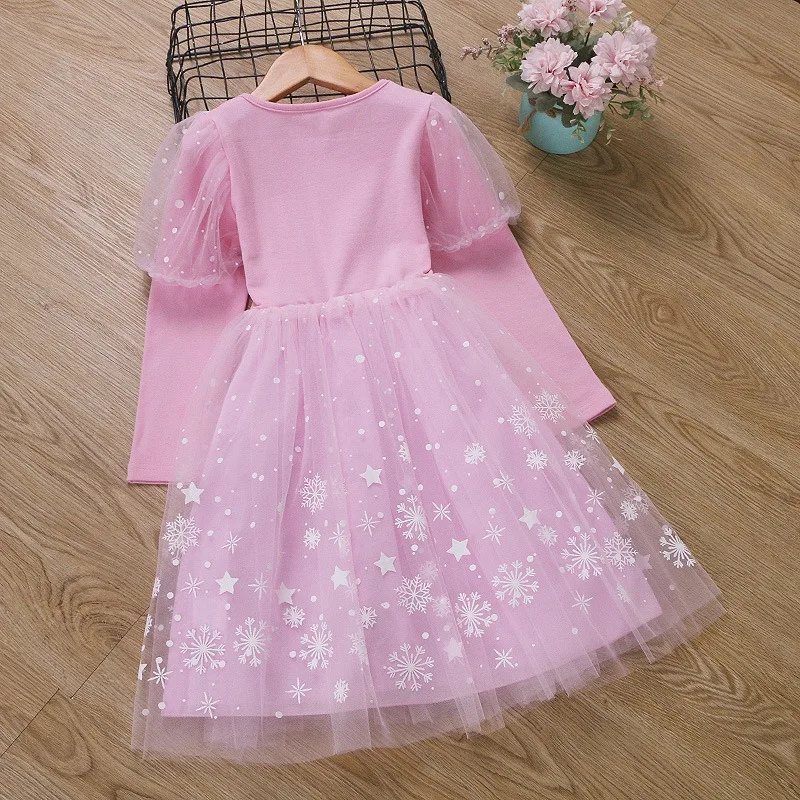 New Spring Autumn Kids Girl Dress Long Sleeves Round Collar Frozen Cartoon Princess Elsa Halloween Clothing Q2302