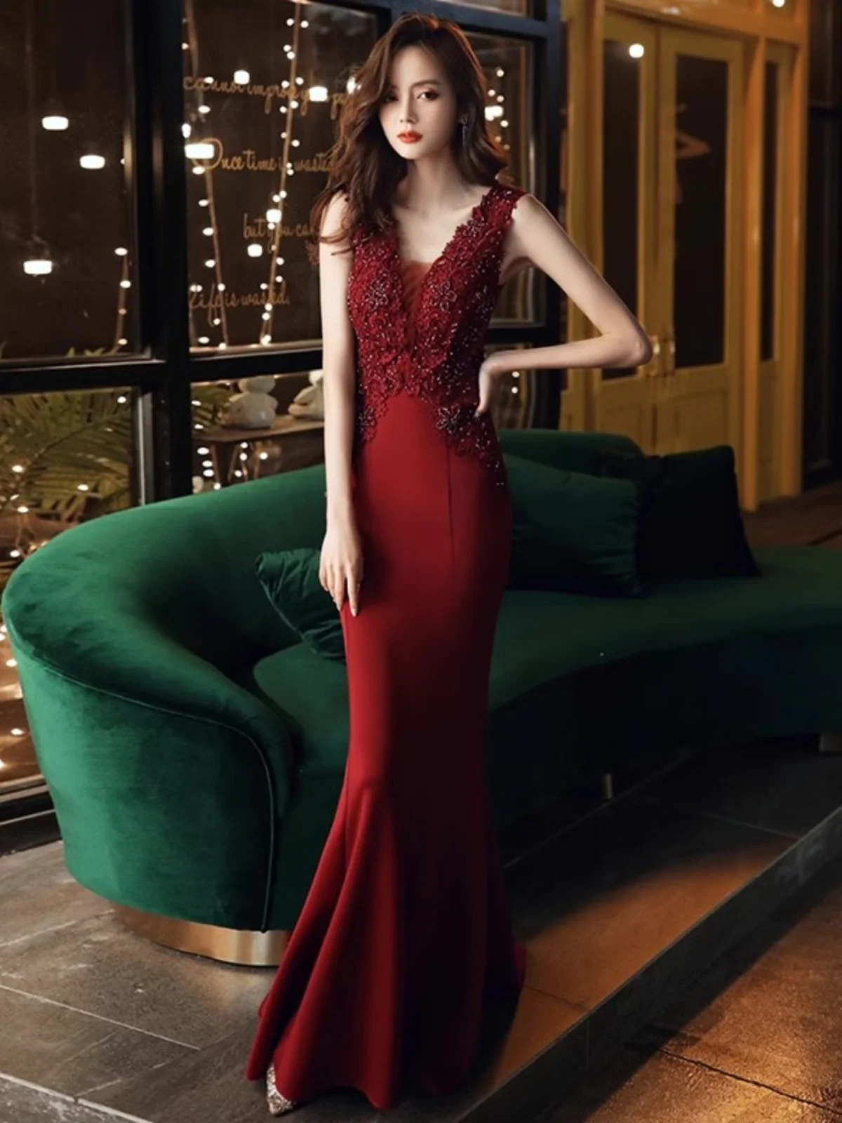 

Ele Red Evening Gown Women's 2025 New Sle Fi Tail Long Dr Engagement Toasting Suit Bride High-End Sensation Lady