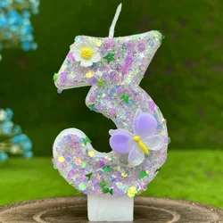 Happy Birthday Cake Decorations Number Candles Colorful Flower Butterfly Candles Pale Purple Shiny 3D Digital Candles For Party