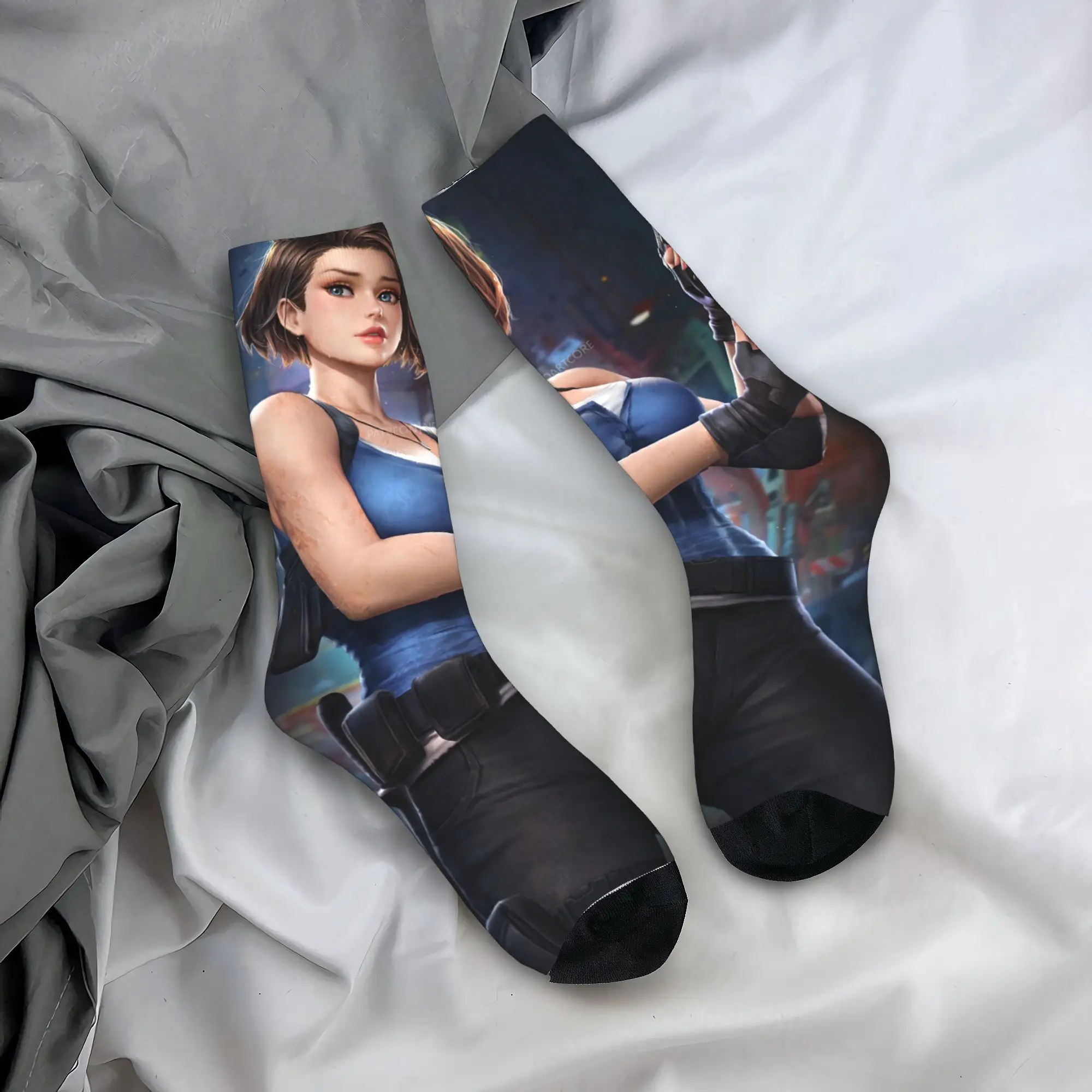 Residents Evils 3 Jill Valentine With Gun Socks Elegant Stockings Autumn Non Slip Couple Socks High Quality Custom Cycling Socks