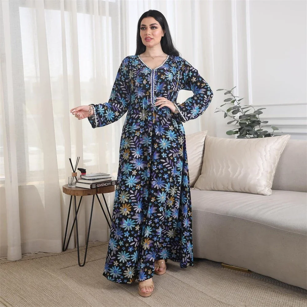 

2025 New Diamonds Print Abayas for Women Muslim Dress Turkey Dubai Kaftan Caftan Marocain Femme Musulmane Jalabiya Djellaba Robe