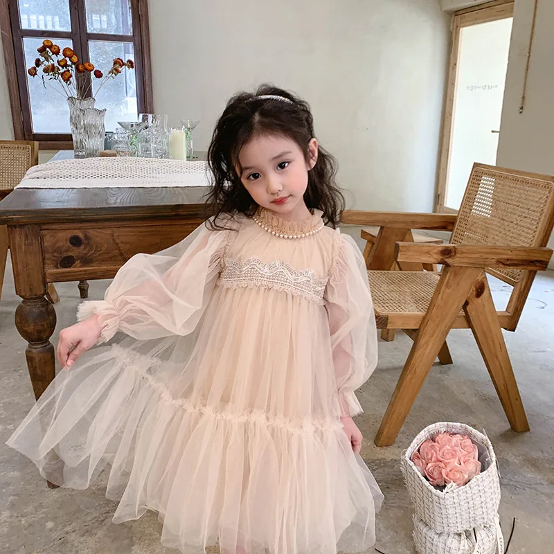 Abito da principessa per bambina in stile coreano con colletto tondo abiti da festa con maniche lunghe in rete di pizzo per abbigliamento per