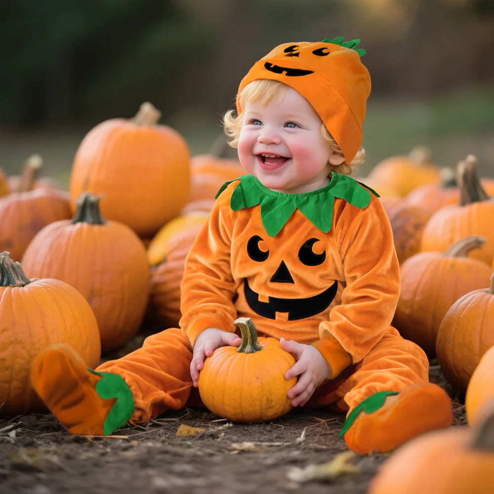 

Halloween Baby Pumpkin Costume Set Warm Fleece Onesie & Hat & Booties Infant Toddler Halloween Themed Outfit