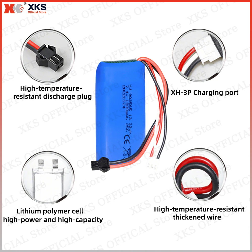 Batería LiPo de alta velocidad XKS 7,4 V 1800 mAh 25C 903565 - Recargable para coches RC de alta velocidad |   Batería de hobby de juguete RC