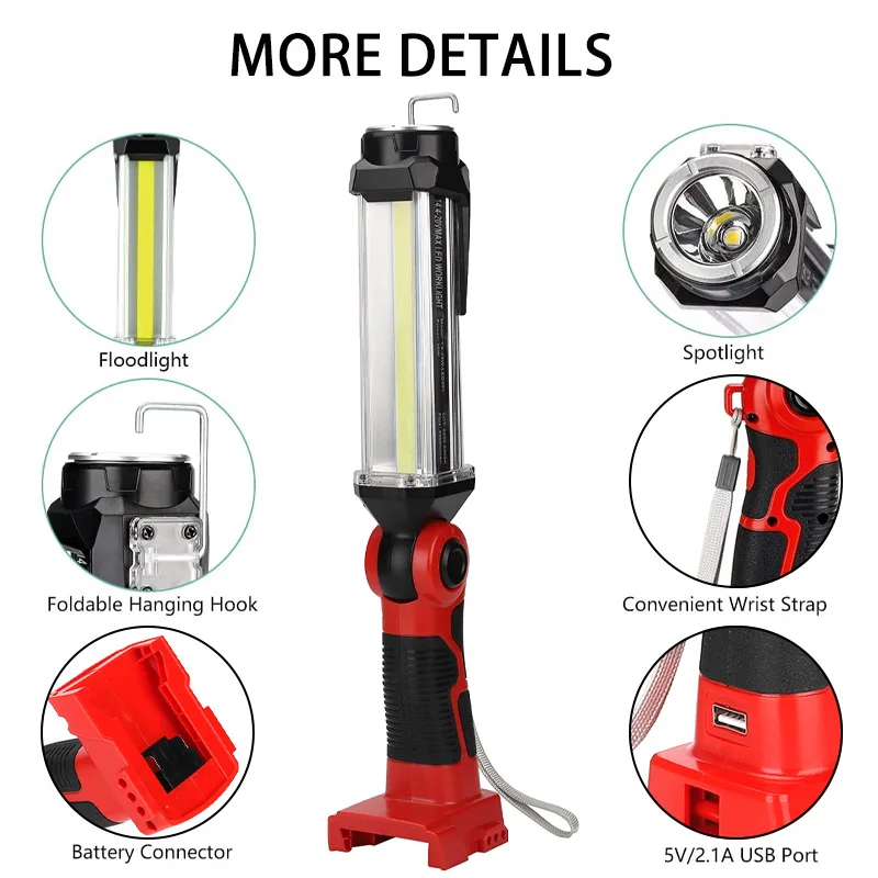 35W 2000LM LED Work Light Flashlight for Milwaukee 18V Li-ion Battery Portable Spotlight Tool Lamp Handheld Lanterns for Camping