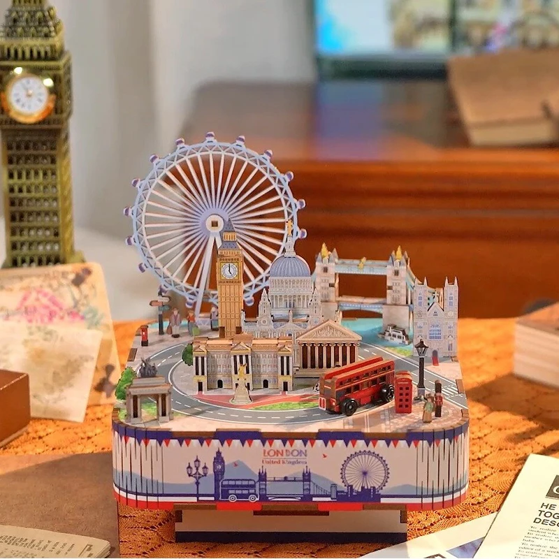 DIY 3D Wooden London Street View Music Box Miniature Model Kits Jigsaw Puzzles With Light Can Move for Friends Birthday Gifts