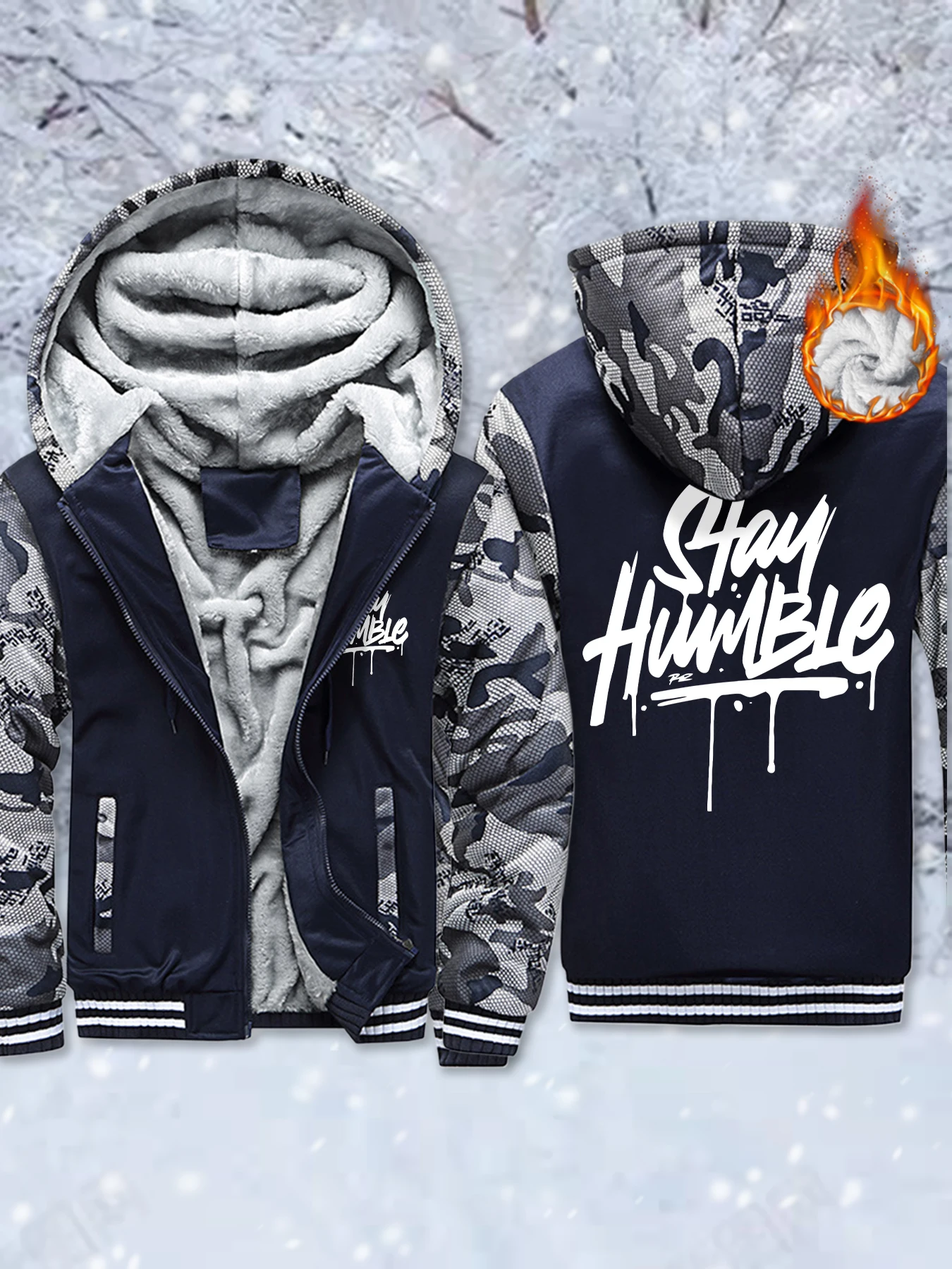 

Stay Humble Eye-Catching Print Winter Men Fleece Thicken Jackets Soft Warm Hoodie Comfy Casual Outwear Unisex Pocket Veste