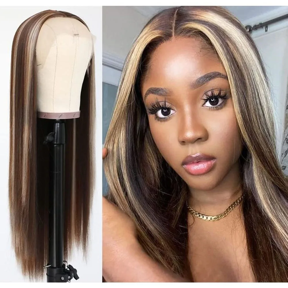13x4 Lace Front Wig Brown Blonde Highlight Dark Root Pre-Plucked Natural Hairline Glueless 24
