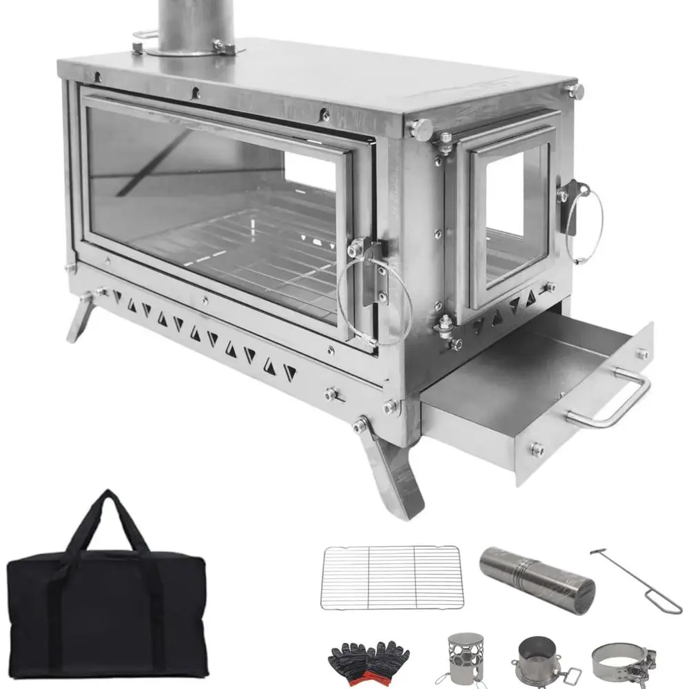 

Портативная титановая печь для палатки с 3 стеклянными панелями, выдвижным ящиком для золы, искрогасителем, идеально подходит для зимнего кемпинга на одного человека, 6.5т/2м труба