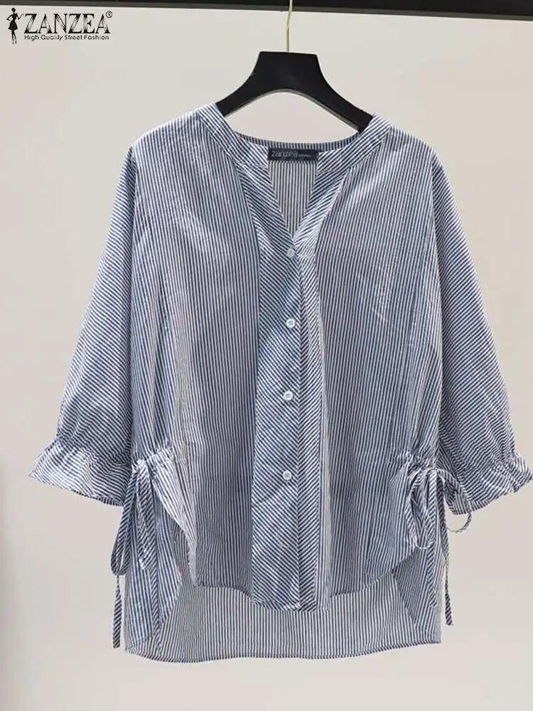 ZANZEA Women Striped Shirt Korean 3/4 Sleeve Blouse Fashion V Neck Buttons Shirt Drawstring Asymmetrical Tunic Casual Loose Tops