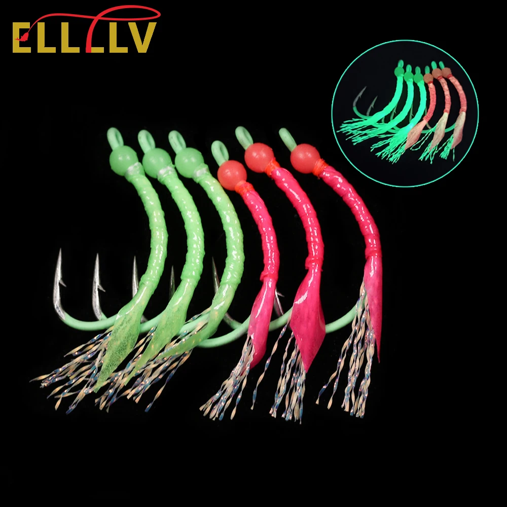 Elllv 5PCS/6PCS 3# - 2/0 Beadhead Luminous Worm Flies with Glow Wacky Hooks Sea Sabiki Rig Pike Perch Mackerel Fishing Lure Bait