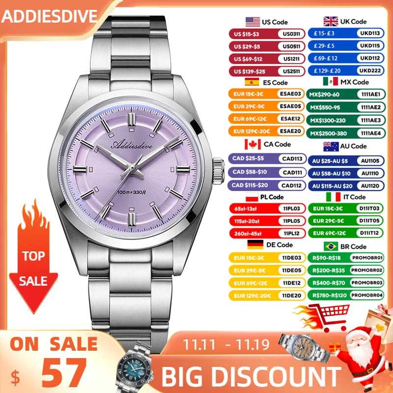

ADDIESDIVE Watch For Men New 36mm Quartz Wristwatch Bubble Glass 100m Waterproof BGW9 Luminous Stainless Steel Dress VH31 Watch