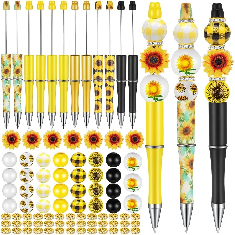 

12 Set Plastic Beadable Pens Assorted Bead Pens Crystal Wood Round Spacer Set Black Ink DIY Ballpoint for Women Men Gift Office