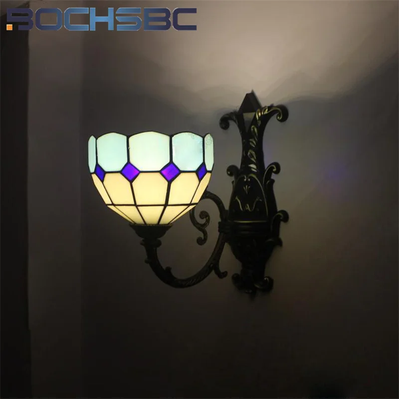 

BOCHSBC Tiffany style stained glass Mediterranean retro wall lamp for bedroom bedside lamp living room balcony corridor LED deco