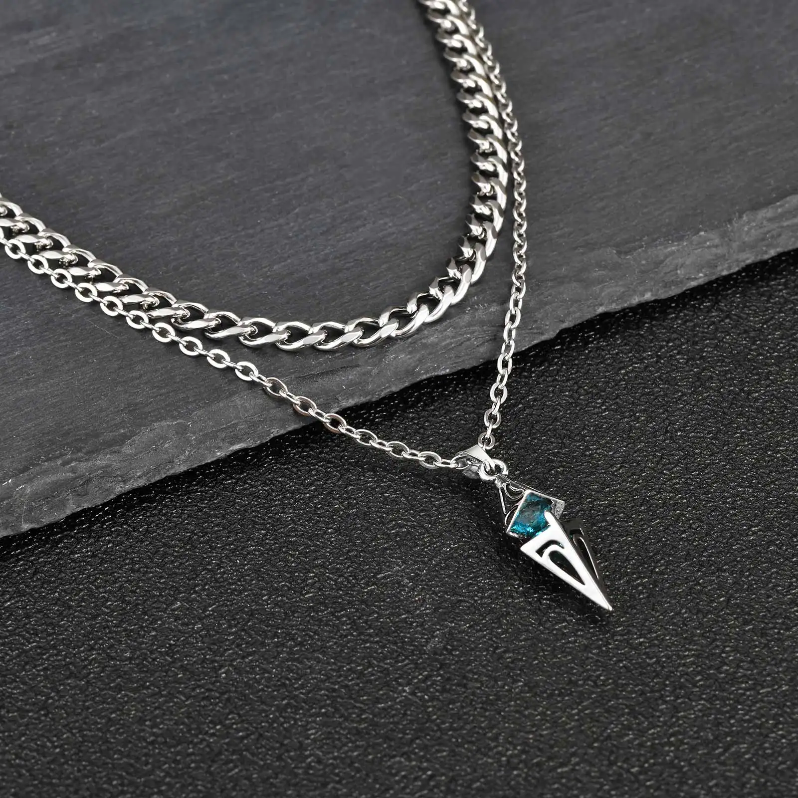 Blaue Stein-Geometrie-Layering-Halsketten für Männer, Hip-Hop-Edelstahlkette, Geschenk für Valentinstag und Geburtstagsfeier – Detail 4