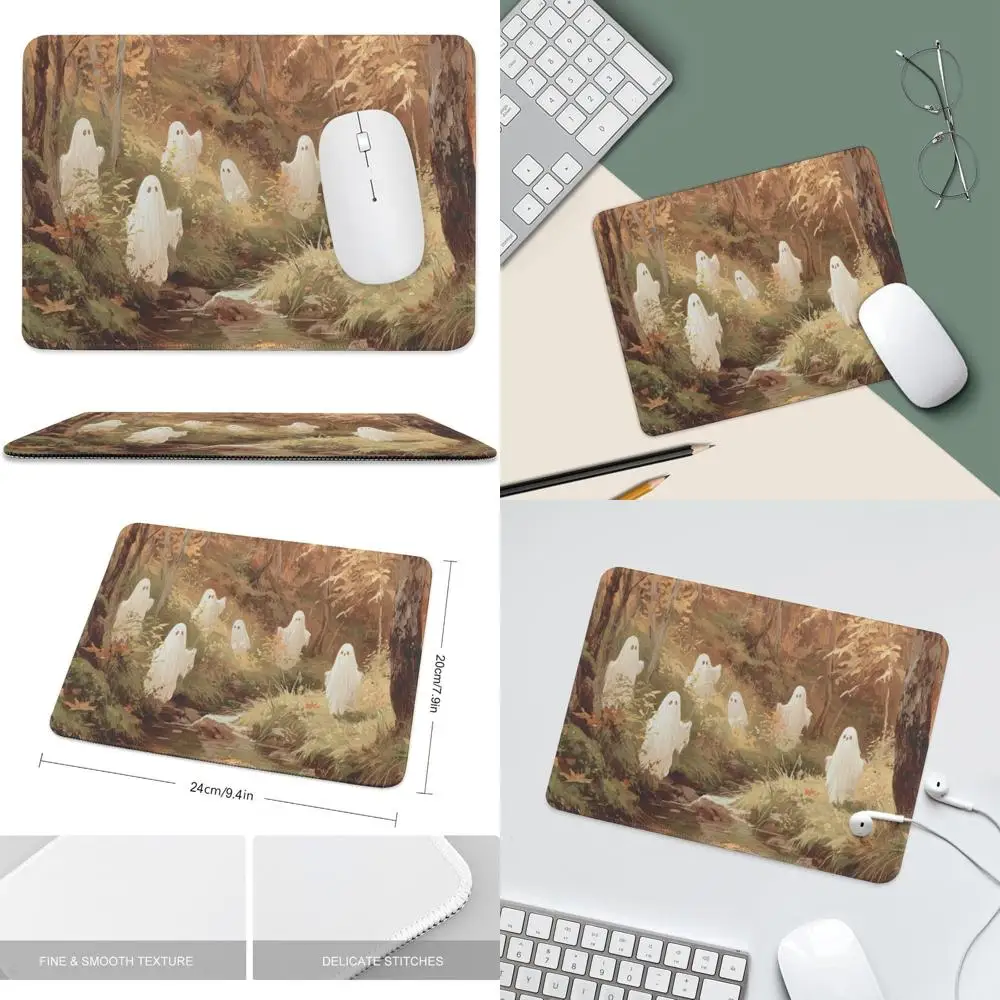 

Коврик для мыши Autumn Forest-Themed с очаровательными белыми призраками для небольших офисов и столов для ноутбуков, нескользящая резиновая основа