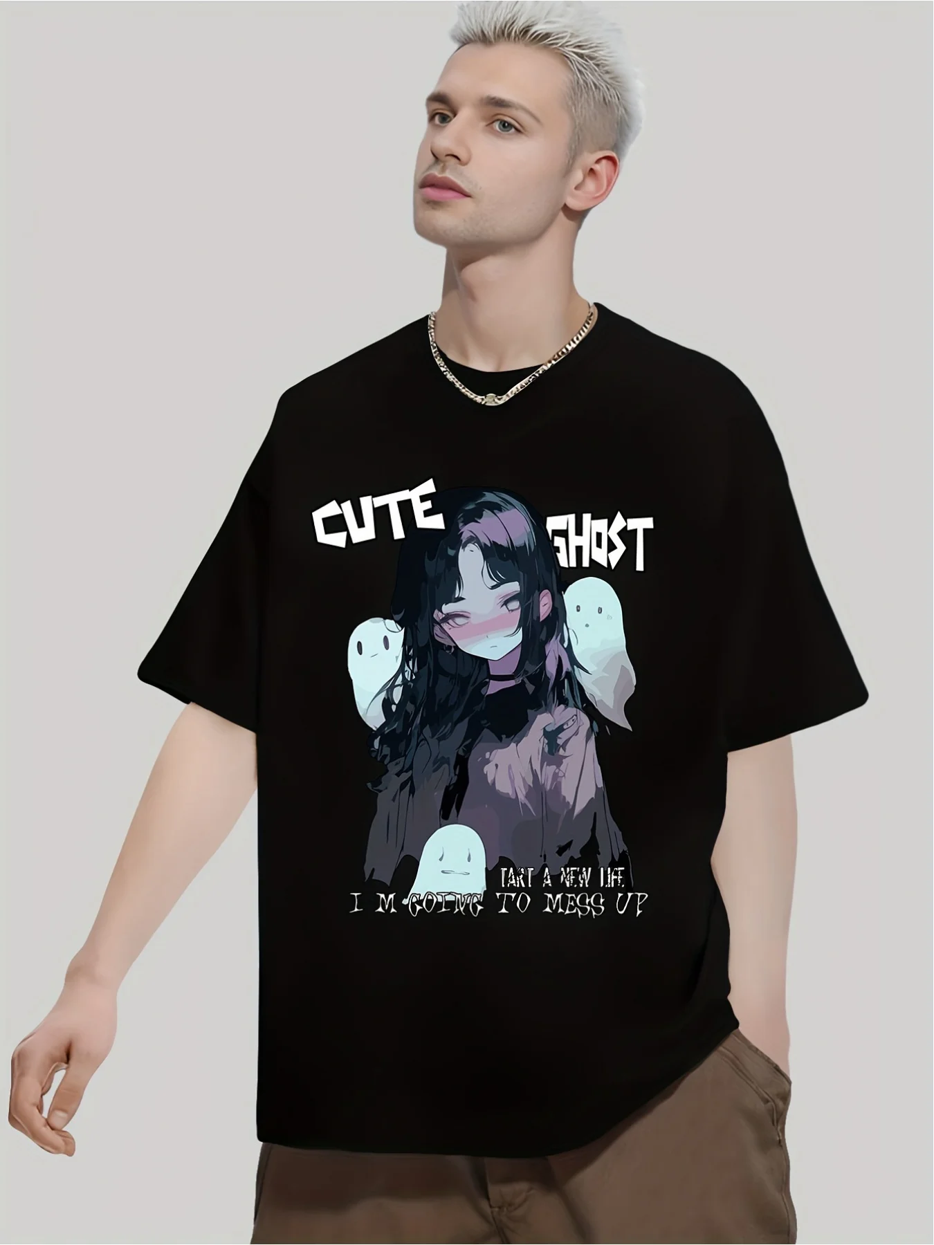 Creative Anime Girl Cute Ghost Print Short Sleeve round Neck Street Style T-shirt Summer & Spring, Men's Clothing