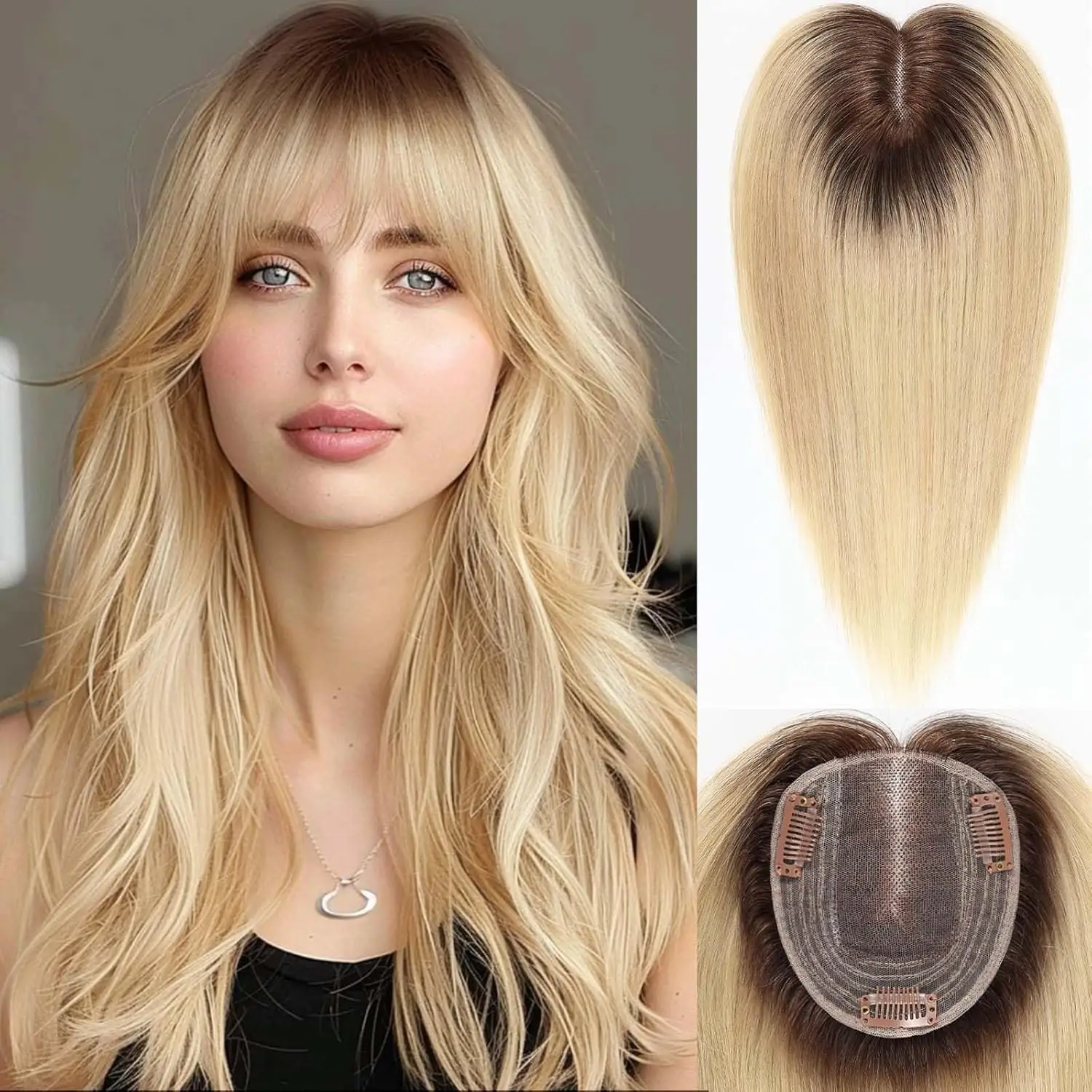 Ombre Blonde Straight Hair Topper with Bangs Daily Use Hair Pieces 100% Remy Human Hair for Women Clip in Hair Extensions  14 In