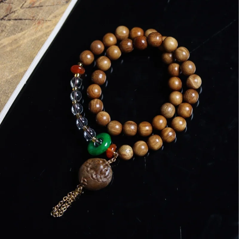 UMQ Green Sandalwood DIY Retro Style A Dai Tassel Sweater Necklace Buddha Rosary Hand-Held Men And Women Crafts Ornament