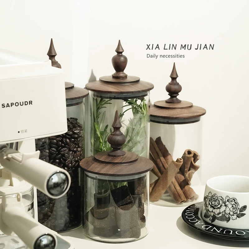 

Канистра для кофе из боросиликатного стекла из ореха середины века с герметичной крышкой, влагостойкая банка для хранения кофейных зерен