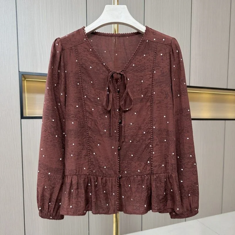 

Модная женская рубашка с длинными рукавами и v-образным вырезом на шнуровке, новый осенний топ для похудения, рубашка с принтом в горошек