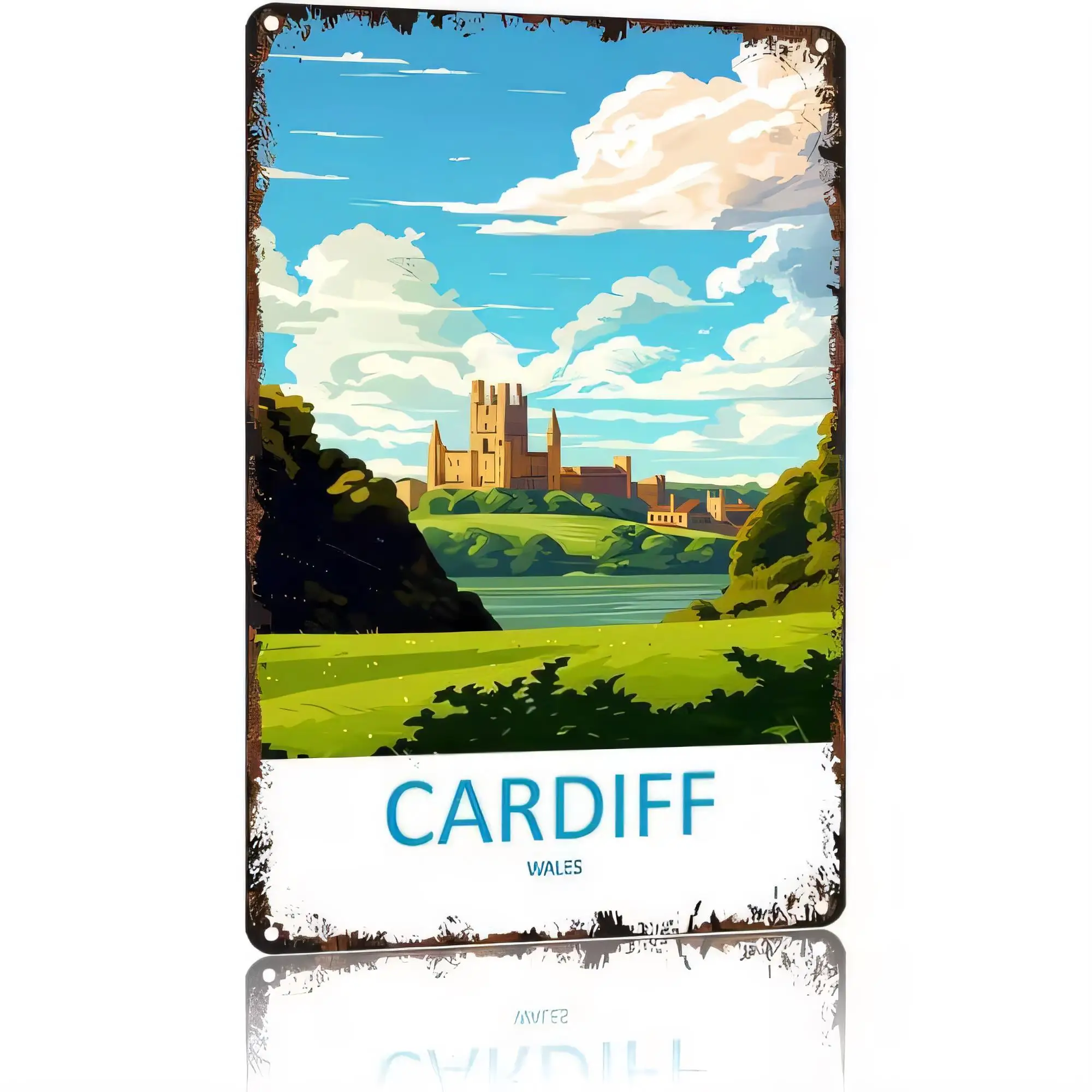 Vintage Cardiff Wales Castle Landscape Tin Sign, Retro Metal Wall Decor Plaque, Rustic Tin Tacker for Home Bar Garage Man Cave,