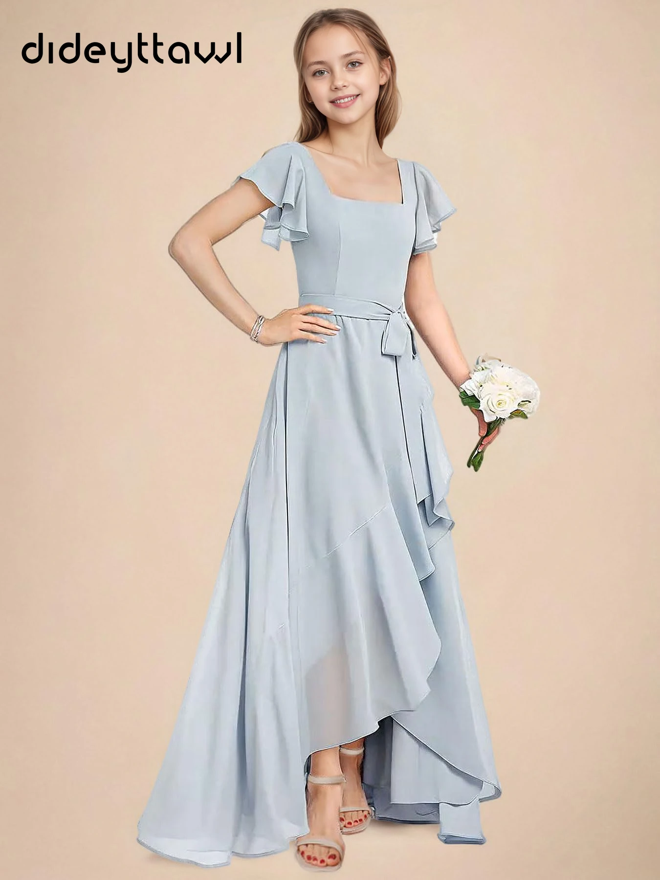 Dideyttawl Customized Girls Square Neck Ruffle Sleeves High Waist Belted Asymmetrical Hem Chiffon Dress Open Back Tie Straps Flo