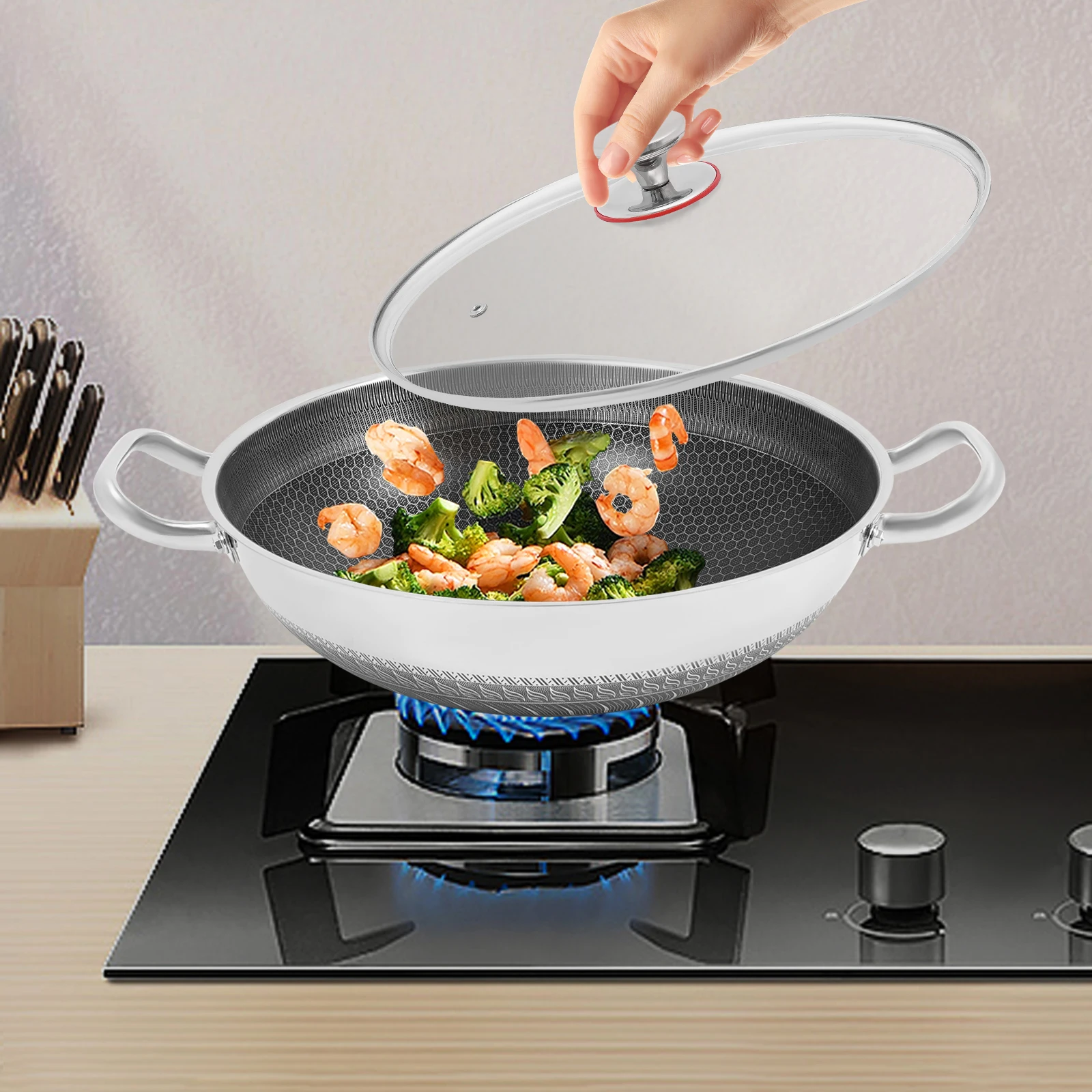 

13.19*3.7in Stainless Steel Frying Pot with Lid Nonstick Wok Pan Fried Steak Pot Kitchen Cookware for Gas Stove Induction Cooker