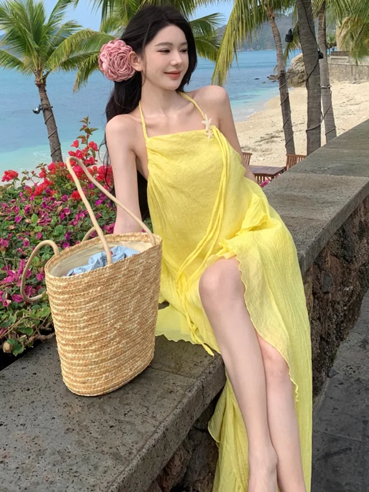 

Yellow Summer Beach Vacation Off-Shoulder Hem Dress Women's Multi-Functional Korean Style Loose Waist Sleeveless Gown