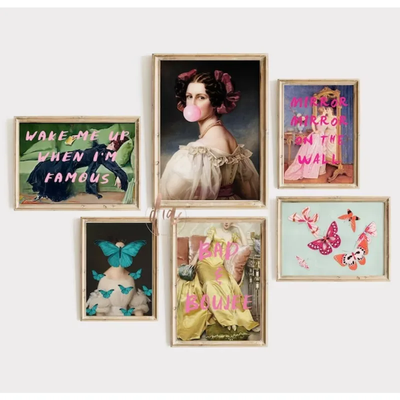 Eclectic Vintage Gallery Wall Art Woman Dress Butterfly Canvas Painting Painted Alphabet Bedroom Hallway Frameless Poster