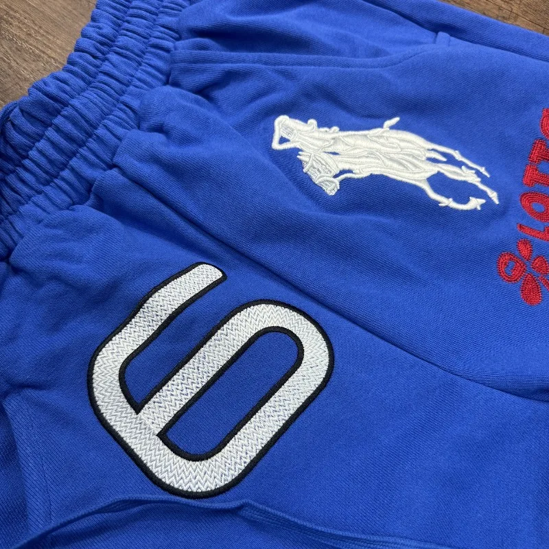 الأزرق Mowalola لندن التطريز الحرب الحصان فارس أرقام 6 التسمية Sweatpants الرجال النساء بنطال ذو قصة أرجل واسعة تيري بناطيل فضفاضة غير رسمية