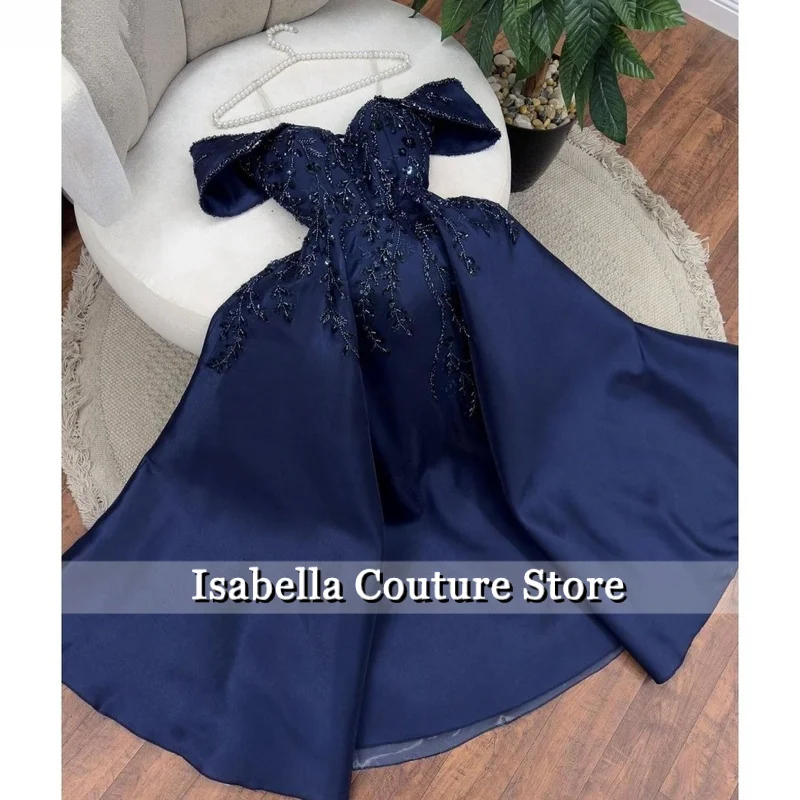 

Индивидуальное темно-синее атласное платье для выпускного вечера с открытыми плечами, расшитое бисером и пышными рукавами, платья de noche, бальное платье, торжественное вечернее платье