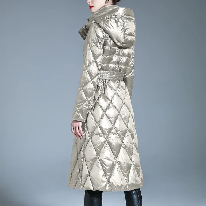 Chaqueta de plumón de pato para mujer, abrigos cálidos de lujo, ropa acolchada ligera, prendas de vestir exteriores con relleno largo, invierno, 2023
