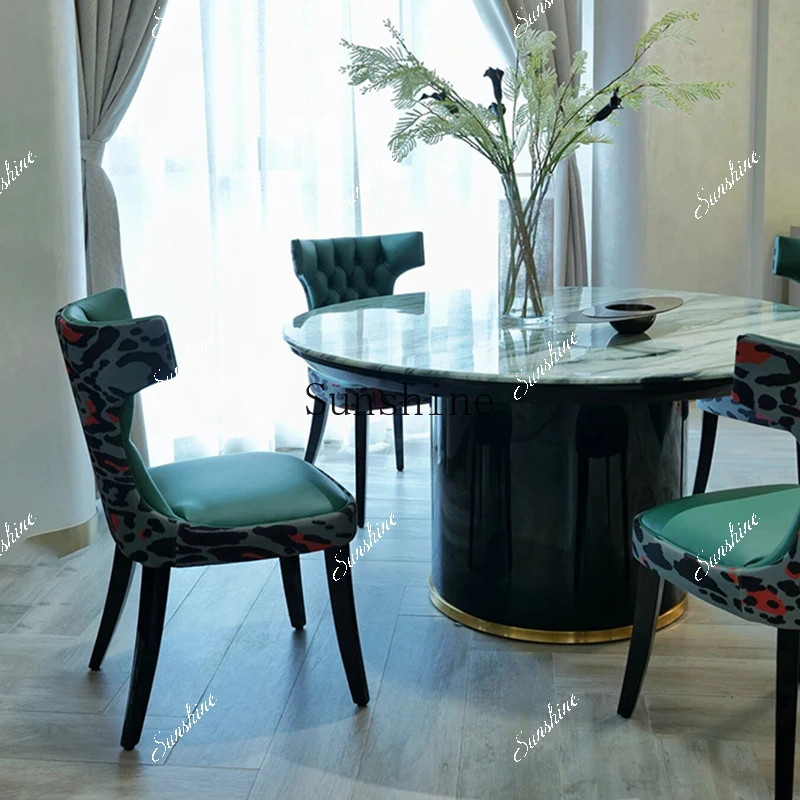 Italian light luxury high-end villa natural marble dining table with turntable  FT