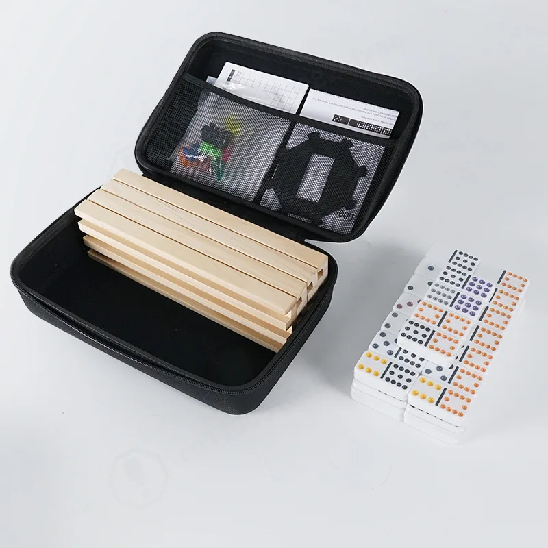 Mexican Train Double 12 Dominoes Set with 4 Wooden Trays/Racks in Portable Carrying Case Colorful 91 Tiles & 9 Trains Board Game