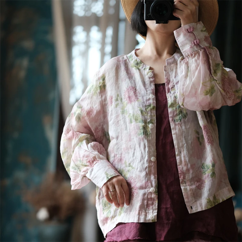 

Women Long Sleeve Linen Shirt New 2025 Spring Vintage Style Floral Print Loose Comfortable Female Casual Tops Shirts M1065