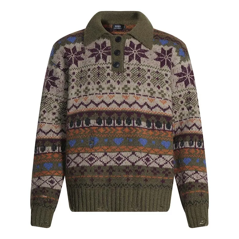 

Men Fashion Nation Style Sweater Knitted Floral Pullover Jumper Loose Fit Knitwear For Male Turn Down Collar Autumn Winter Tops