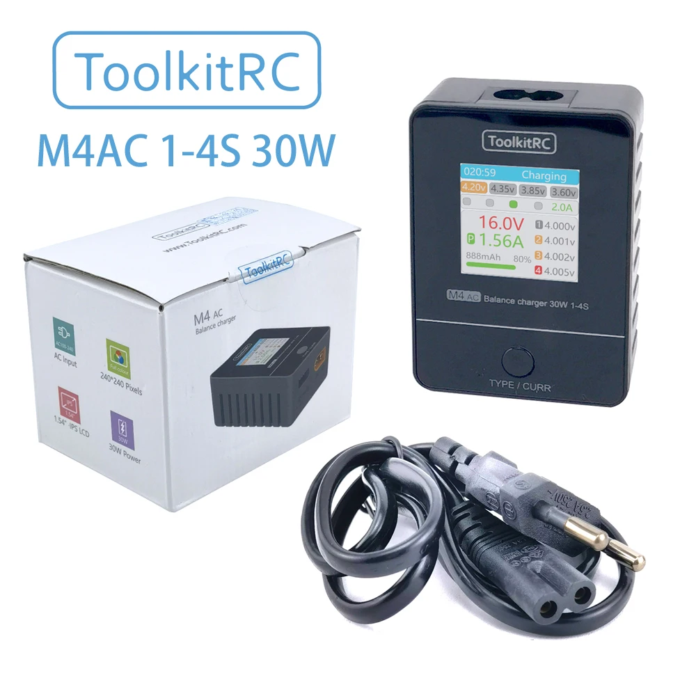 ToolkitRC M4AC 30W 2.5A TFT Inch Color LCD Screen Balance Charger Discharger for 2S -4S Lipo For RC Racing Drone Battery - image 1 of 6