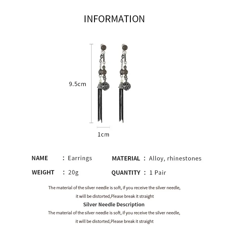 Antique Silver Rhinestone Earring For Women Round Ball Long Fringe Tassel Earrings Retro Style Simple Drop Earrings for Party K-