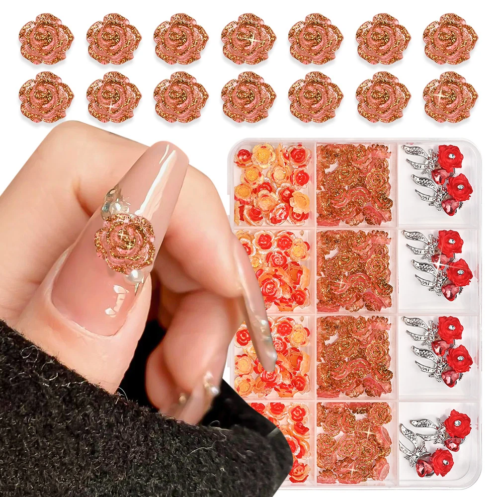 12 grades vintage glitter rosa flor encantos da arte do prego 3d luxo rosa coração bowknot liga acessórios do prego dia dos namorados prego dez