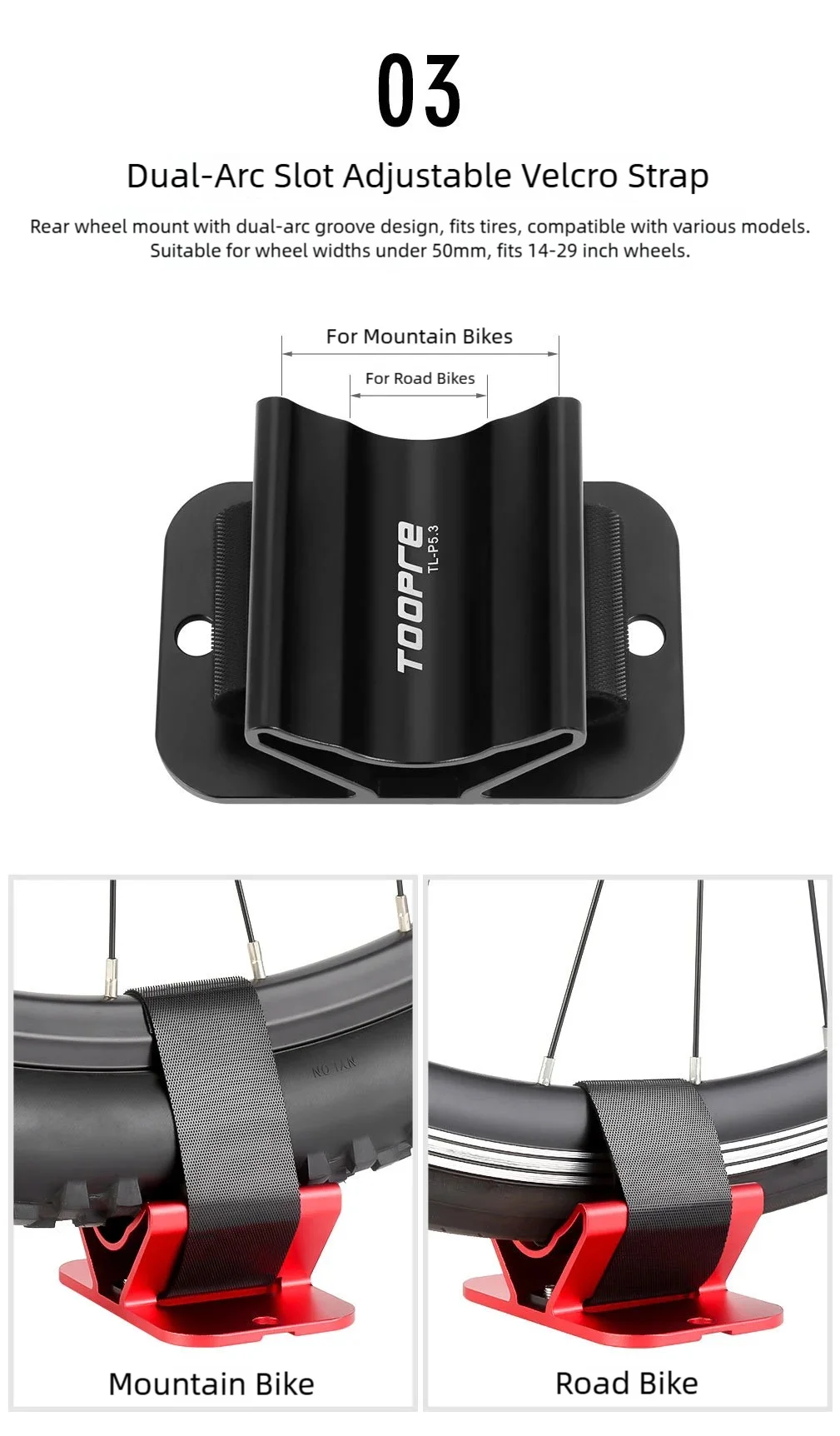 TOOPRE Fahrrad-Vordergabel- und Hinterrad-Halterung für Autodach, Transporthalterung für Schnellspanner/Steckachse, Rennrad- und MTB-Fahrrad-Parkhalterung – Detail 10