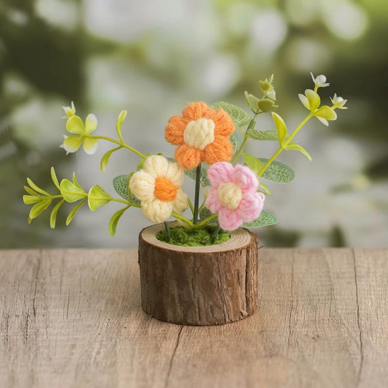 1Pc Crochet Flowers Cute Knitting Flowers Potted Graduation Gift Hand-woven Potted Plants Car Table Home Decor Items