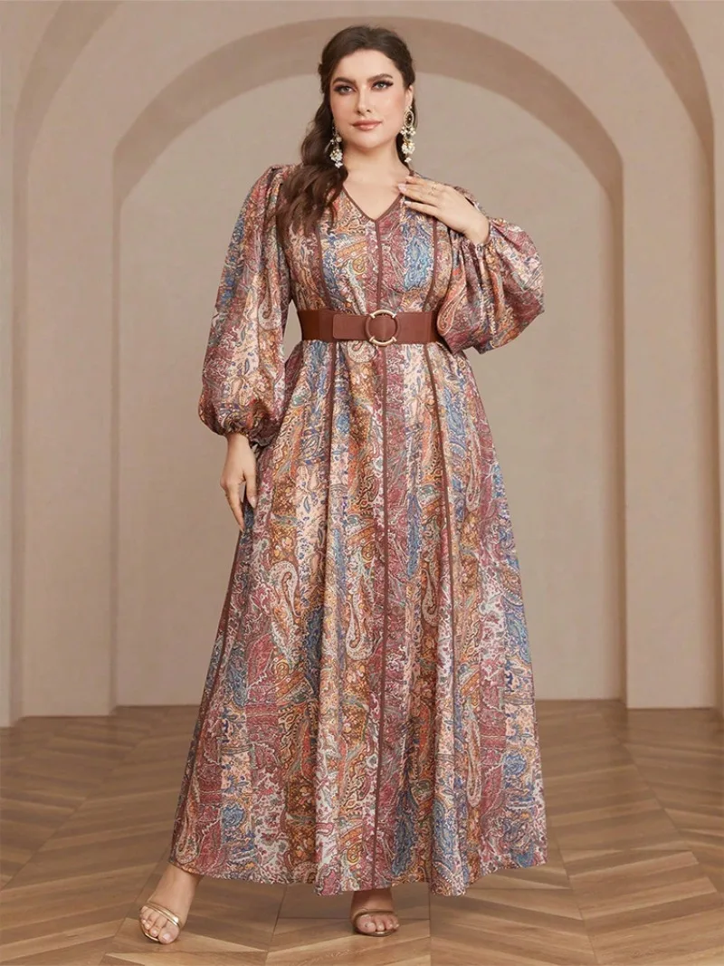 UNI Muslim Womens Elegant Plus Size Abaya Fashion Vintage Dress V-Neck Flower Print Robe Arab Morocco Türkiye Long Dresses