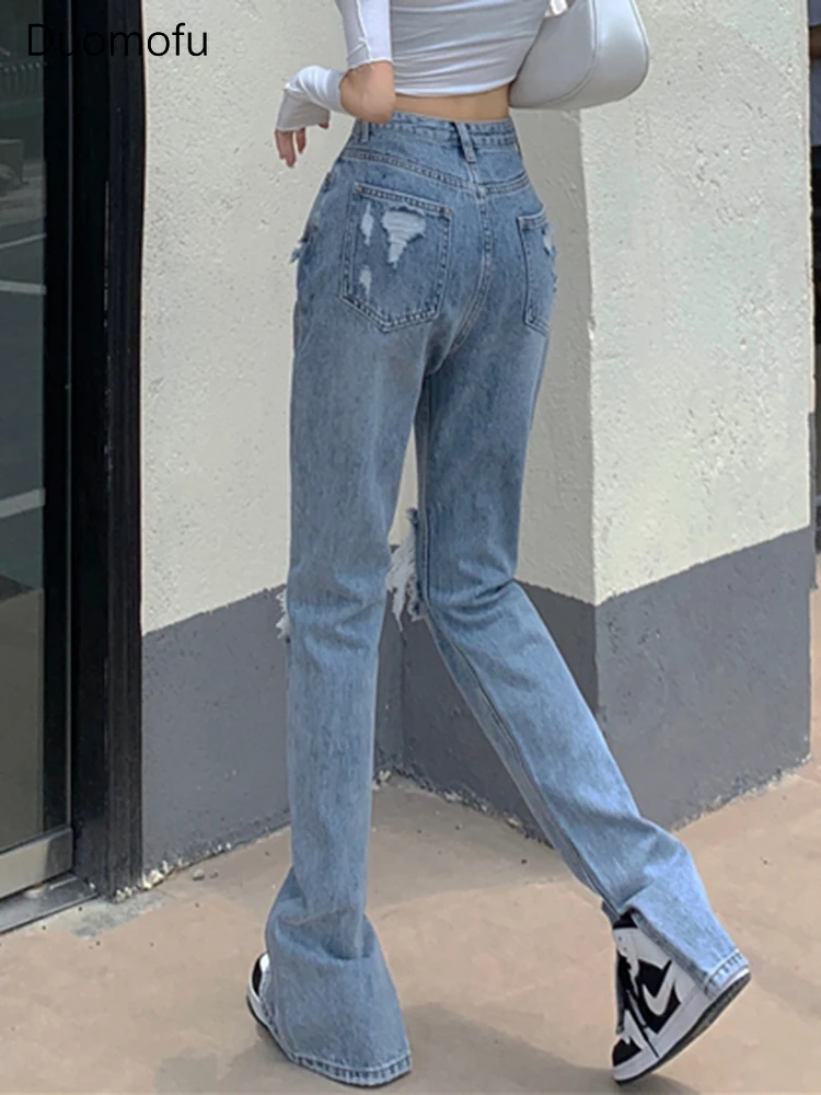 Duomofu Vintage High Waist Slim Chic Hollow Out Female Jeans Summer Fashion Full Length Simple Split Straight Casual Women Jeans