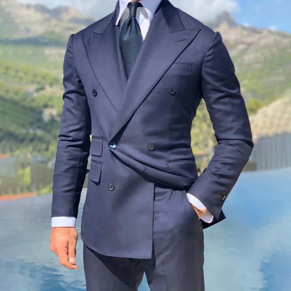 Navy Blue Mans’ Suits Double Breasted Jacket Pants Set Costume Homme Formal Slim Fit  Tuxedo Groom 2-Piece Wedding Peaked Lapel