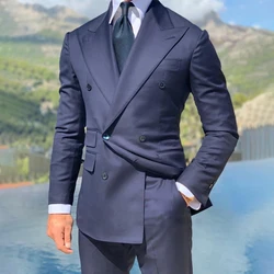 Navy Blue Mans’ Suits Double Breasted Jacket Pants Set Costume Homme Formal Slim Fit  Tuxedo Groom 2-Piece Wedding Peaked Lapel