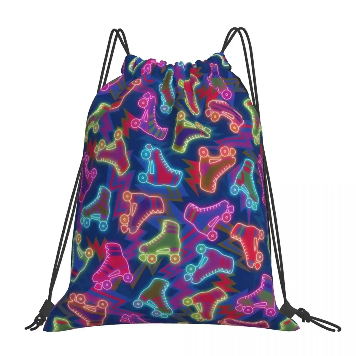 

80s Neon Roller Skates Pattern Backpacks Portable Drawstring Bags Drawstring Bundle Pocket Sports Bag BookBag For Travel School