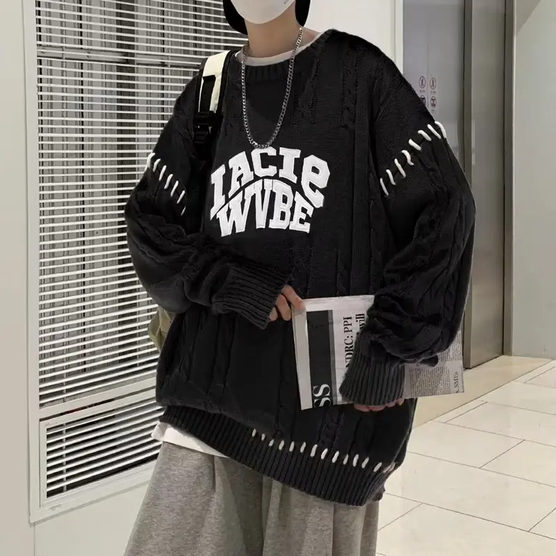 Suéter de Malha Plus Size com Gola Redonda Casual Ajuste Solto Moda Masculina Outono Inverno Estilo Retro Coreano Roupas para...